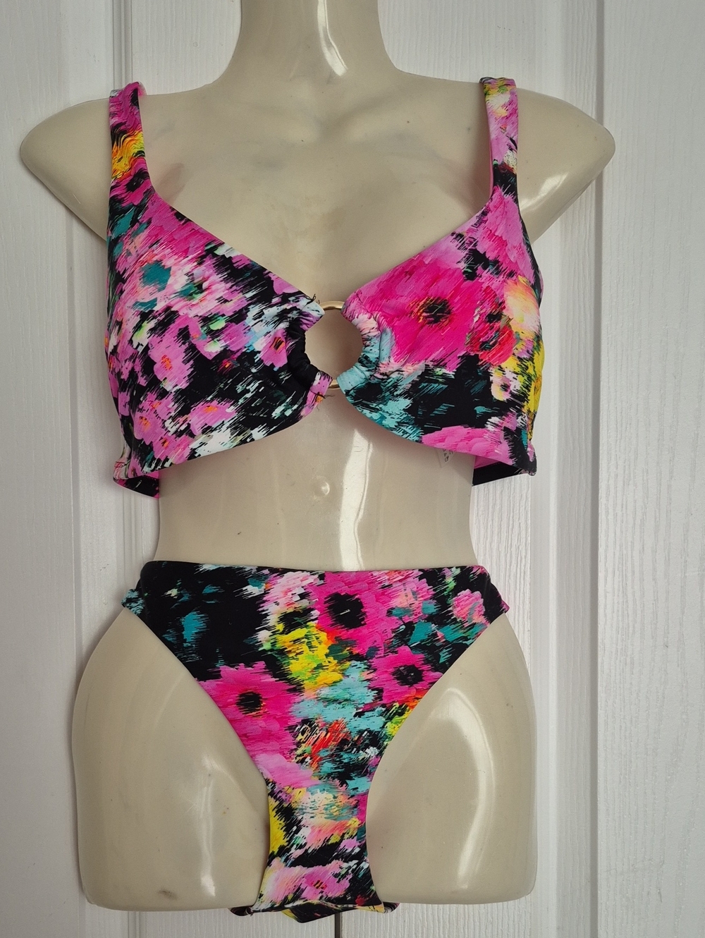 Steve Madden Bright Floral Keyhole Bikini Set - Pink, Black, Teal, Yellow